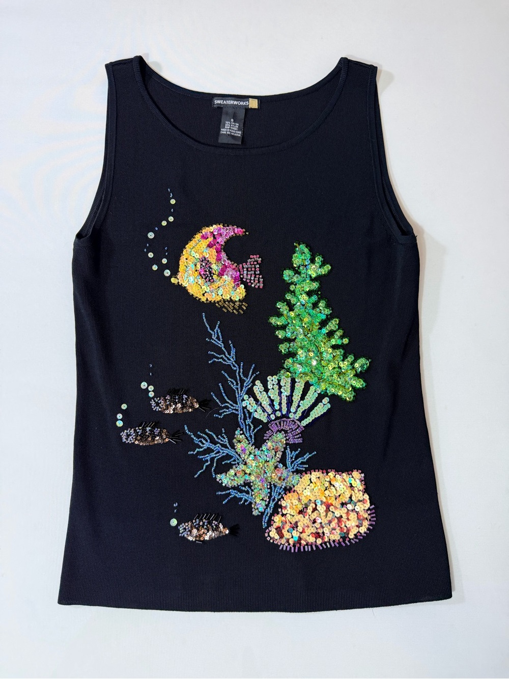 Vintage Sweaterworks Y2K Sequin Beaded Sleeveless Knit Top Small Black Sea Life
